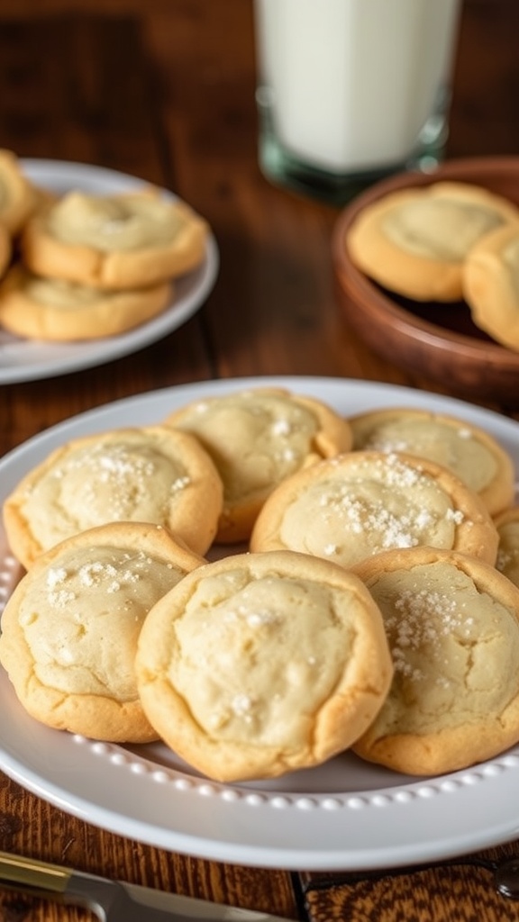 Soft and chewy sugar cookies on a plate, dusted with sugar, with a glass of milk in the background.